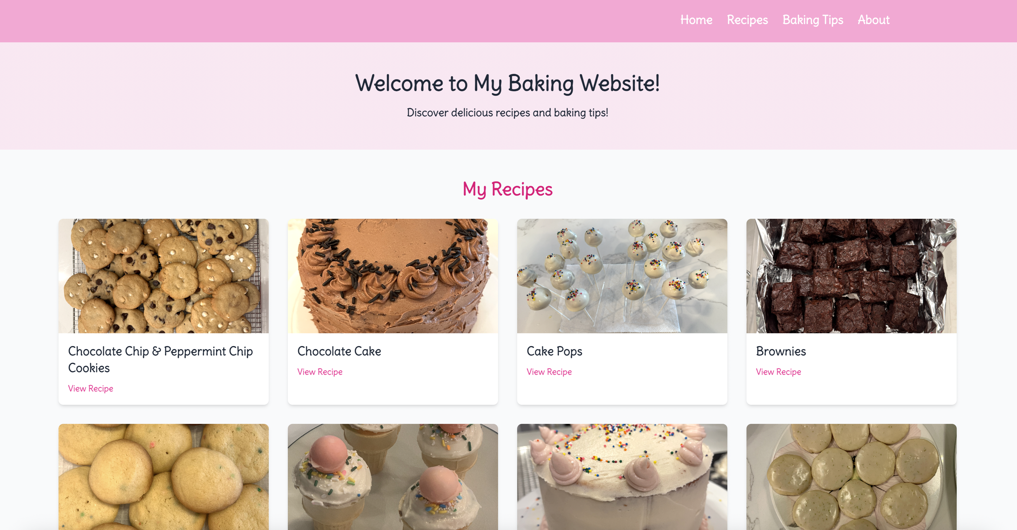 A pink website with many photos of desserts.