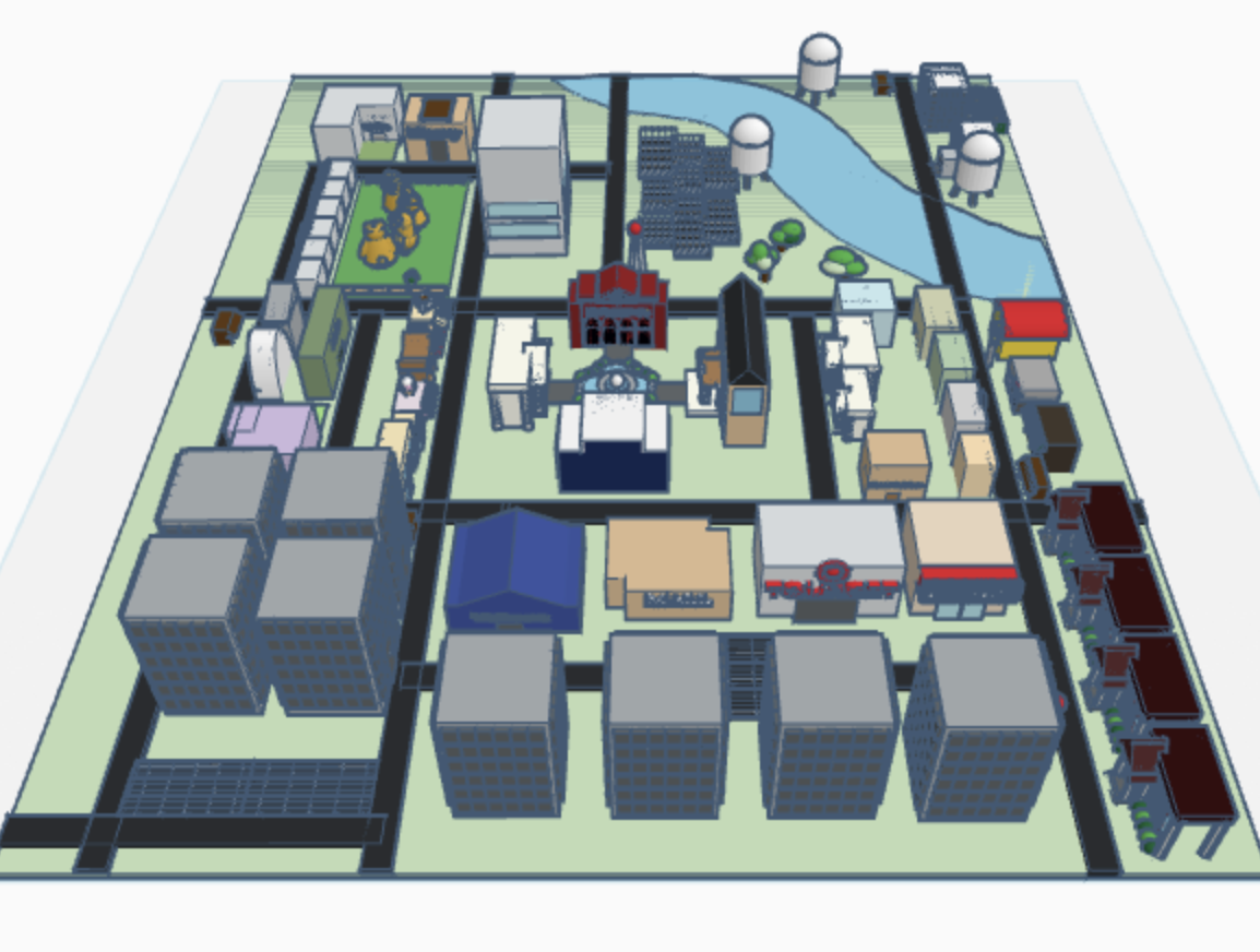 A view of 3D models of buildings and a city.