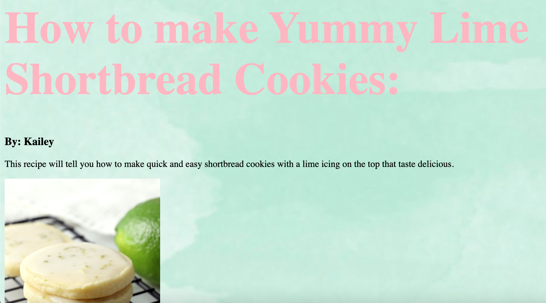 An image of a website for a lime shortbread cookie recipe with a large pink title and a photo of stacked cookies.