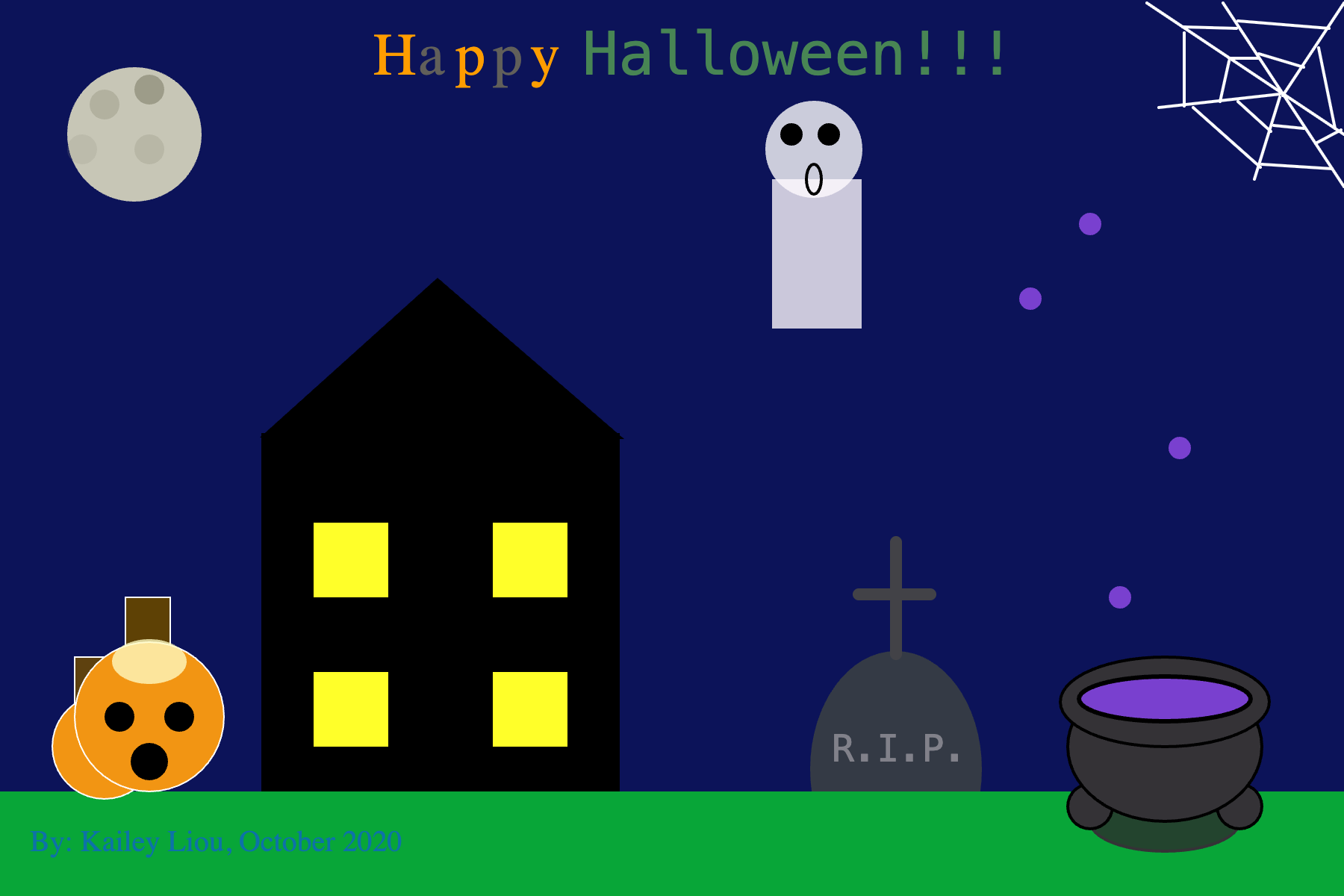 A scene with a house, pumpkins, cauldron, etc.