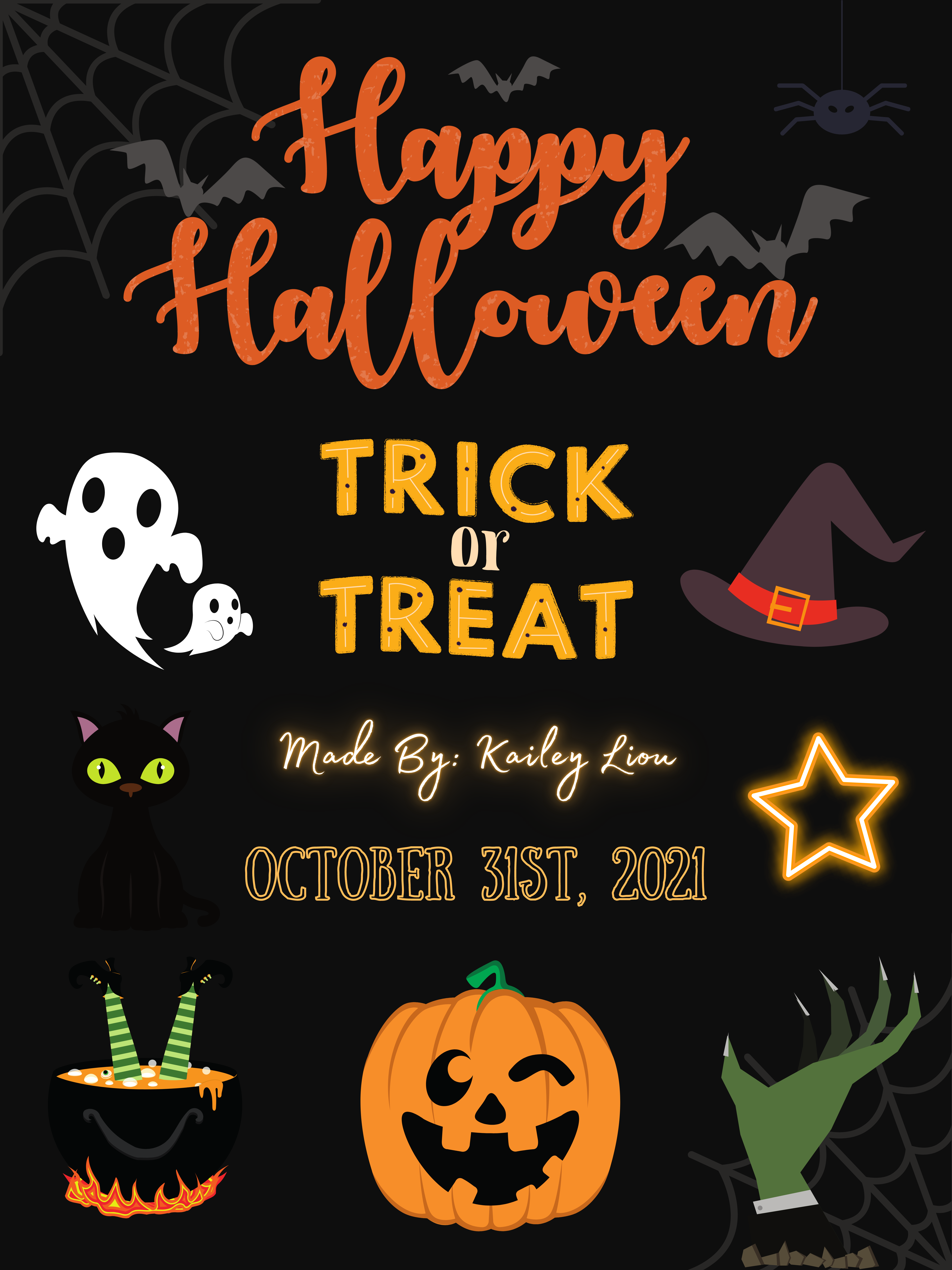 An image of a ghost, pumpkin, cauldron, and witch hat.