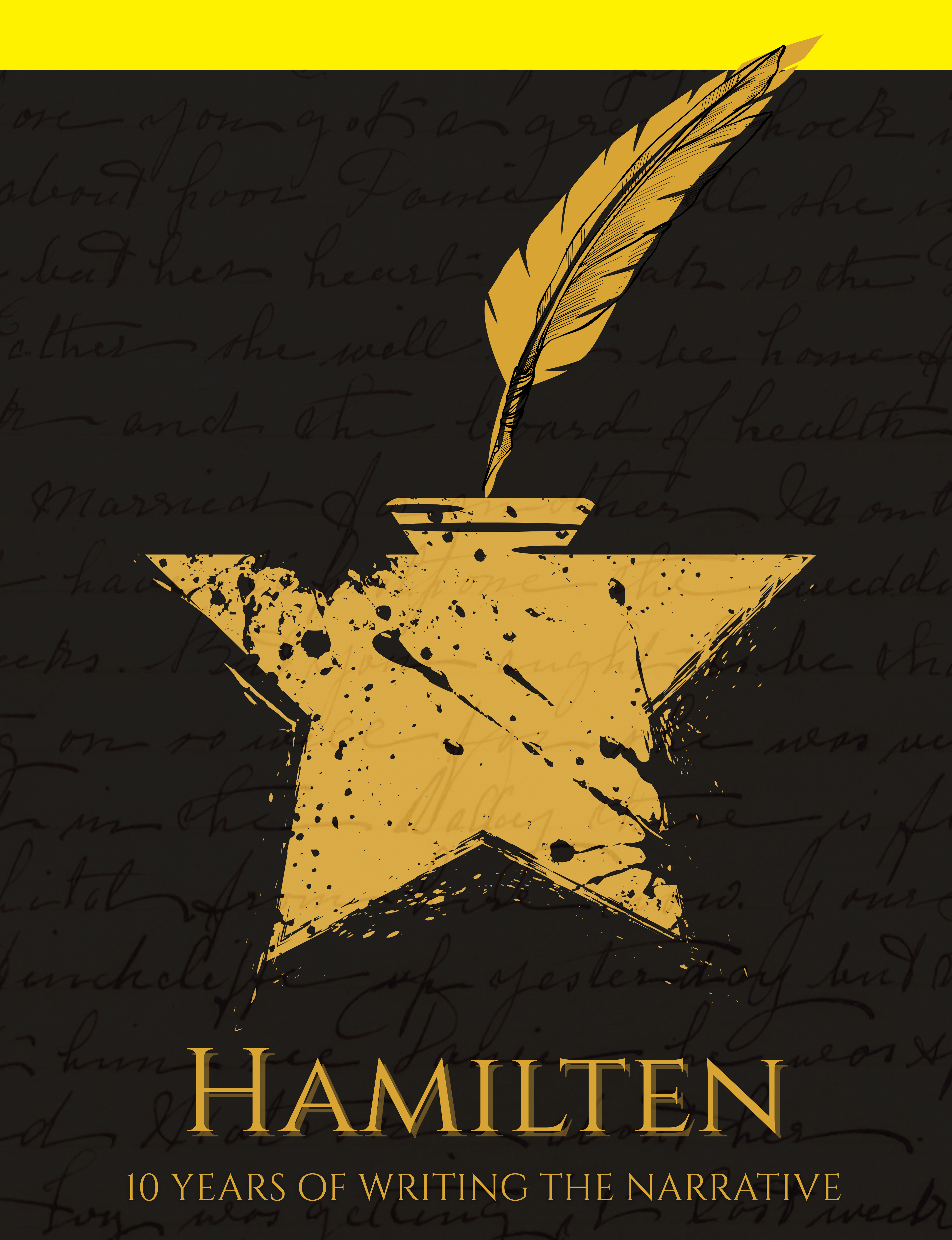 An image of a playbill with a black background and yellow star ink bottle.