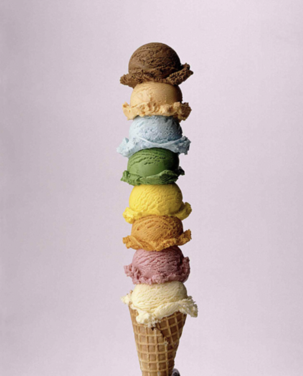 8 scoops of ice cream on a cone.