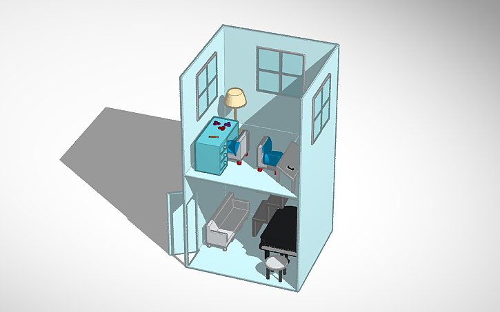 A tall blue house with chairs, tables, and a piano.