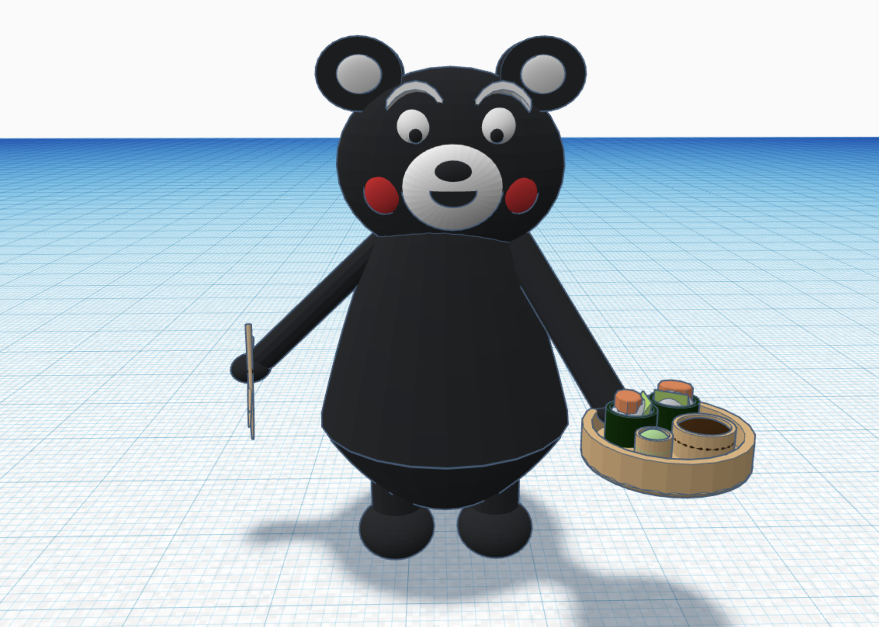 A black bear with red cheeks carrying sushi.