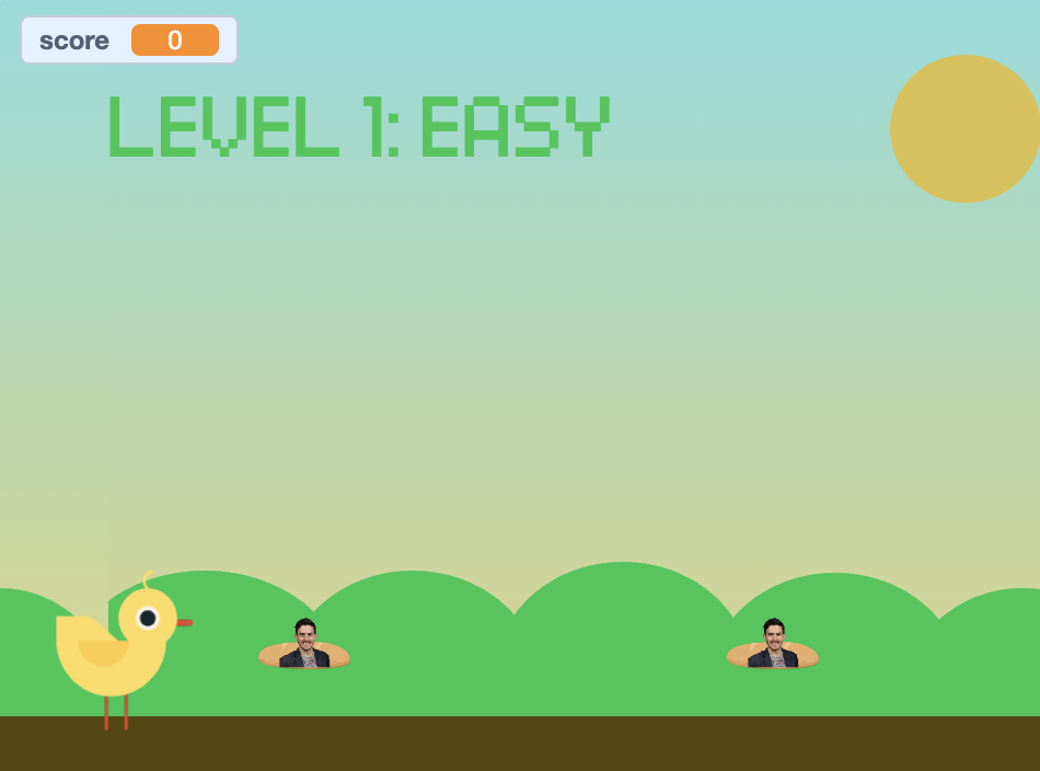 A sky and grass with a duck jumping over bread.