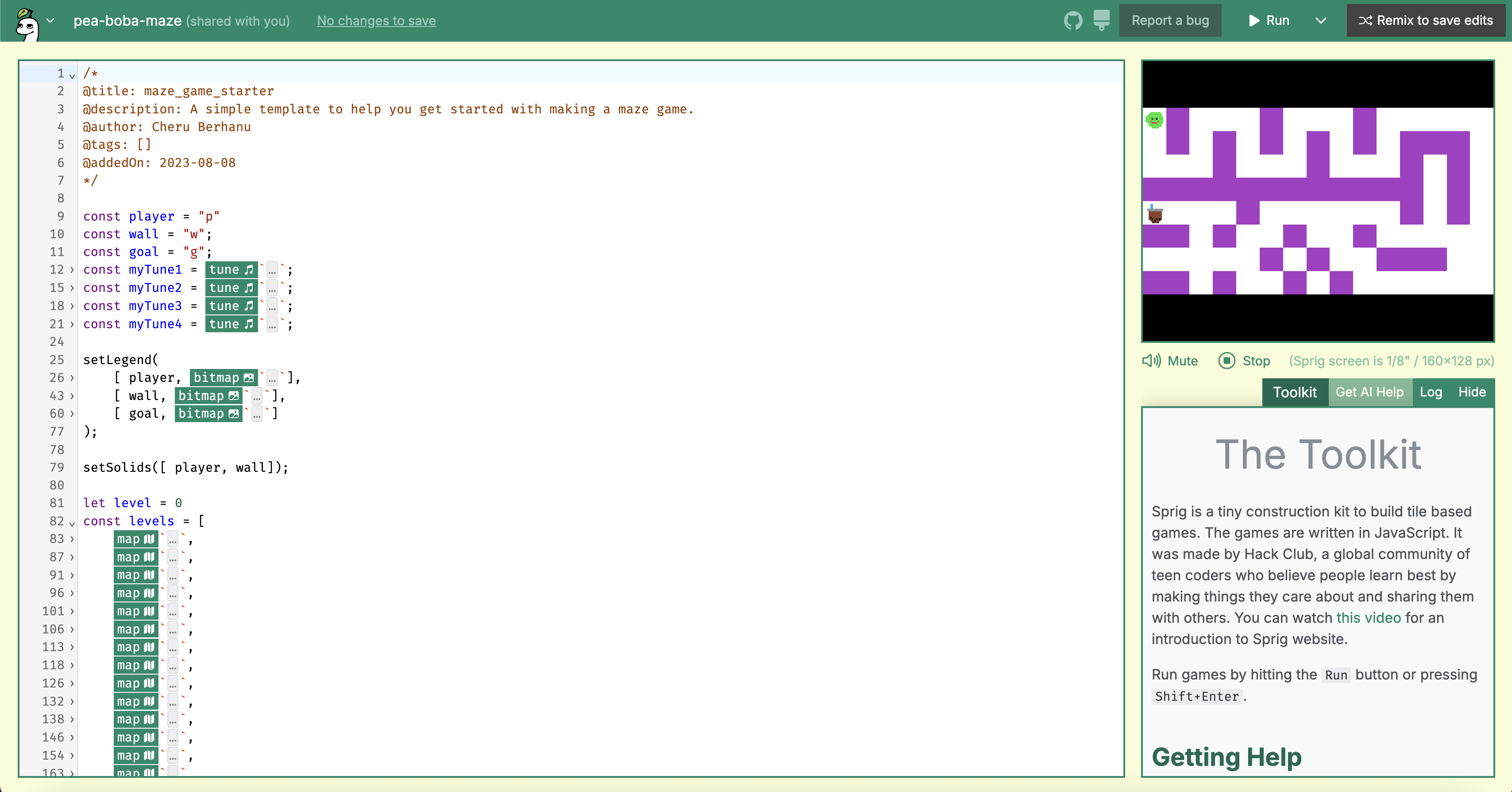Code blocks and a preview of a purple maze game.