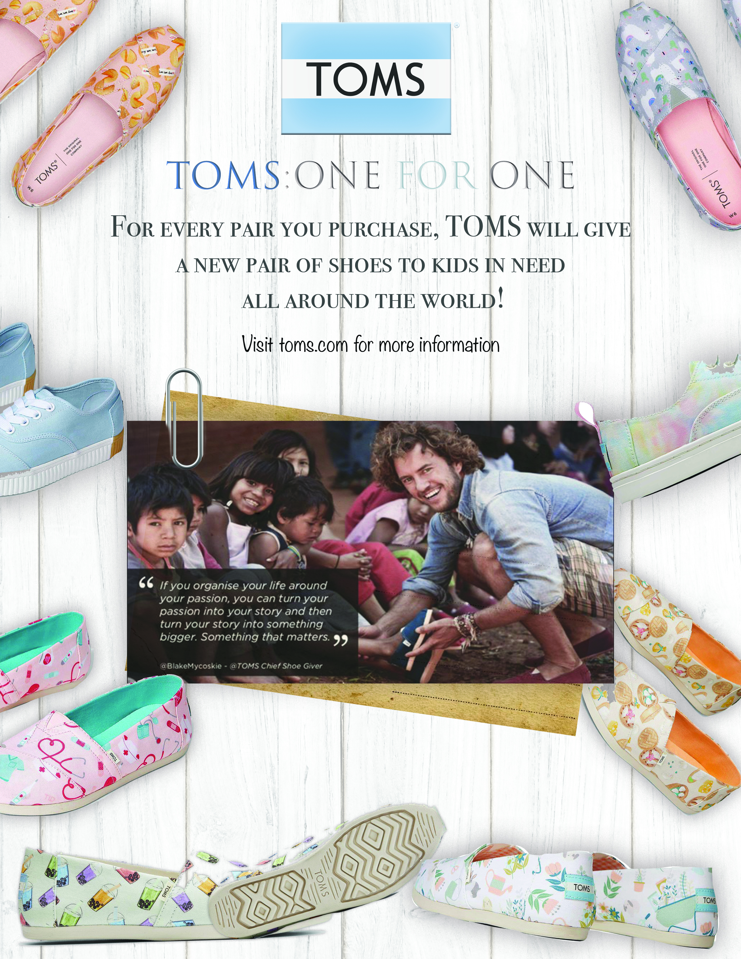 An image of many pairs of TOMS shoes surrounding a photo of kids receiving shoes.
