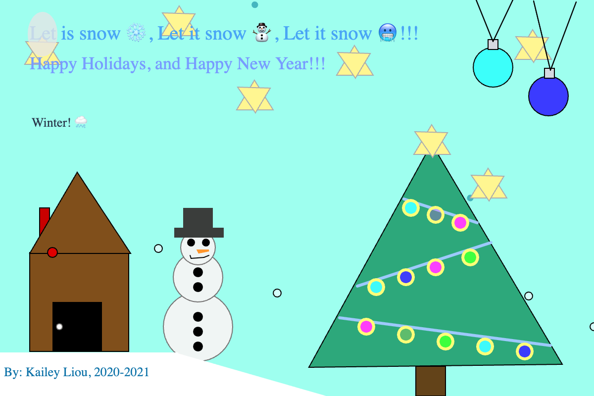 A snowy winter scene with a house, snowman, and Christmas tree.