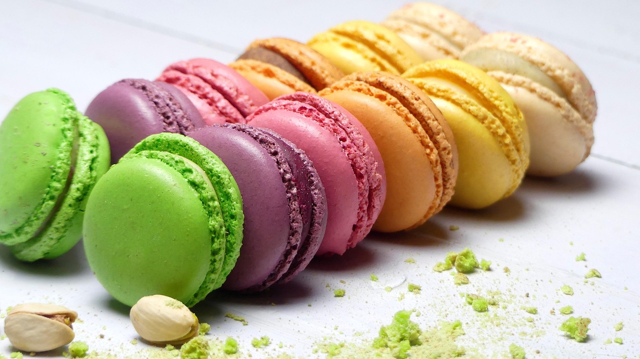 Colorful macarons lined up.