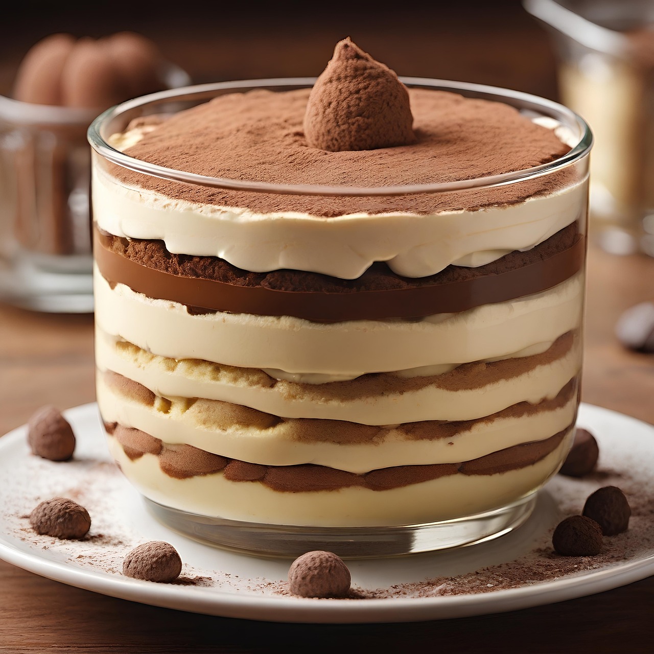 Tiramisu in a big glass container sitting on a plate.